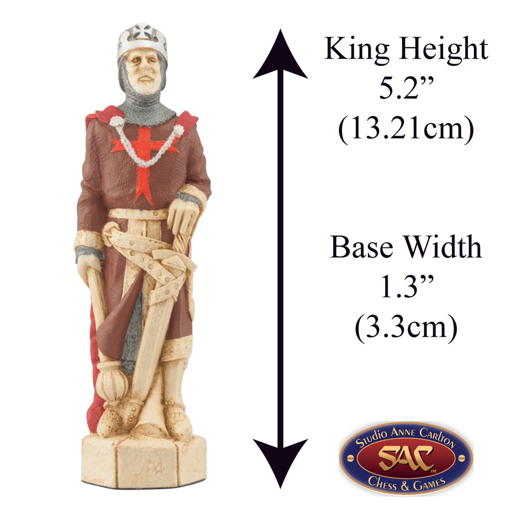 A handmade chess piece depicting Richard the I (Richard the Lionheart) King Of England from The Crusades, Alongside measurement information.

Richard Coeur de Lion, born 1157 died 1199.
Richard spent less than one year of his reign in the country, the rest in the Crusades and defending his French provinces in Anjou and Normandy.
He fought many battles in the Holy Land against Saladin and his Muslim army. 