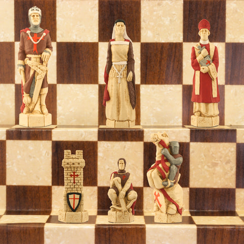 Hand painted chess pieces with a Crusades theme, including figures like King Richard the Lionheart and Saladin, displayed on a chess board.

The chess set concentrates particularly on the Third great Crusade led by King Richard I of England, who in 1189 joined King Philip II of France in an effort to recapture the holy city of Jerusalem. King Richard, with 8000 troops, seized Cyprus and some cities on the Palestinian coast, but ultimately failed to dislodge the Muslim leader Saladin from Jerusalem.
