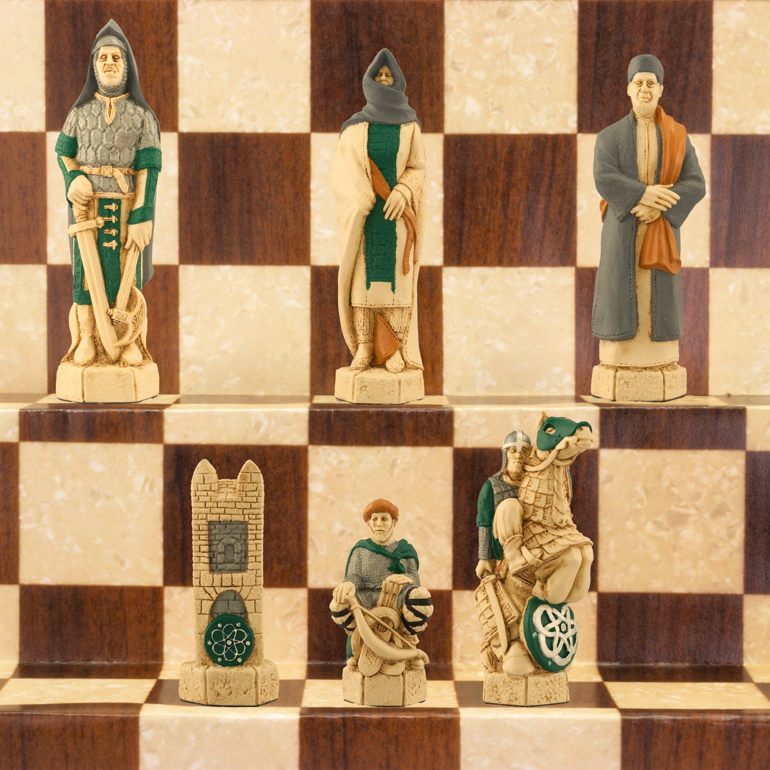 Hand painted chess pieces with a Crusades theme, including figures like King Richard the Lionheart and Saladin, displayed on a chess board.

The chess set concentrates particularly on the Third great Crusade led by King Richard I of England, who in 1189 joined King Philip II of France in an effort to recapture the holy city of Jerusalem. King Richard, with 8000 troops, seized Cyprus and some cities on the Palestinian coast, but ultimately failed to dislodge the Muslim leader Saladin from Jerusalem.