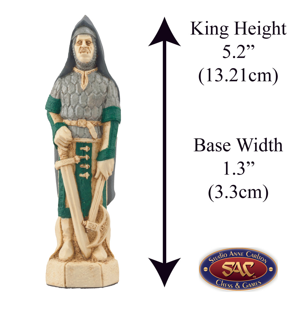 A handmade chess piece depicting Saladin from The Crusades, Alongside measurement information.

As he was known to his Christian enemies, or more correctly Salah Ed-Din, born 1138 died 1193, he was the greatest Muslim general and leader of the Crusade period. He and his armies put an end to Christian supremacy in the Holy Land. He was of Armenian Kurdish origin and rose to the rank of Vizier before becoming the first Ayubid sultan of Egypt.