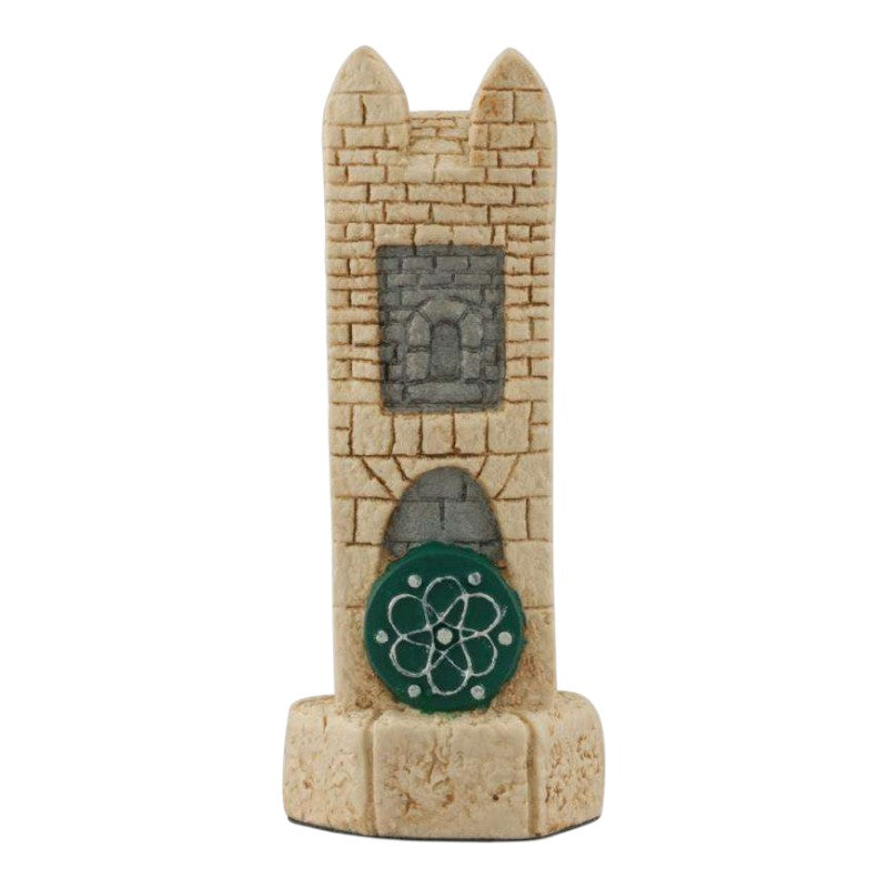 A handmade chess piece depicting a tower from the Castle at Qalaat al Jindi.

Saladin occupied several castles during his campaigns, but his own castle at Qalaat al Jindi had gates decorated with the sword and shield motif reproduced on our castle chess piece.

