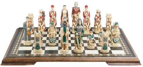 Hand painted chess pieces with a Crusades theme, including figures like King Richard the Lionheart and Saladin, displayed on a chess board.

The chess set concentrates particularly on the Third great Crusade led by King Richard I of England, who in 1189 joined King Philip II of France in an effort to recapture the holy city of Jerusalem. King Richard, with 8000 troops, seized Cyprus and some cities on the Palestinian coast, but ultimately failed to dislodge the Muslim leader Saladin from Jerusalem.