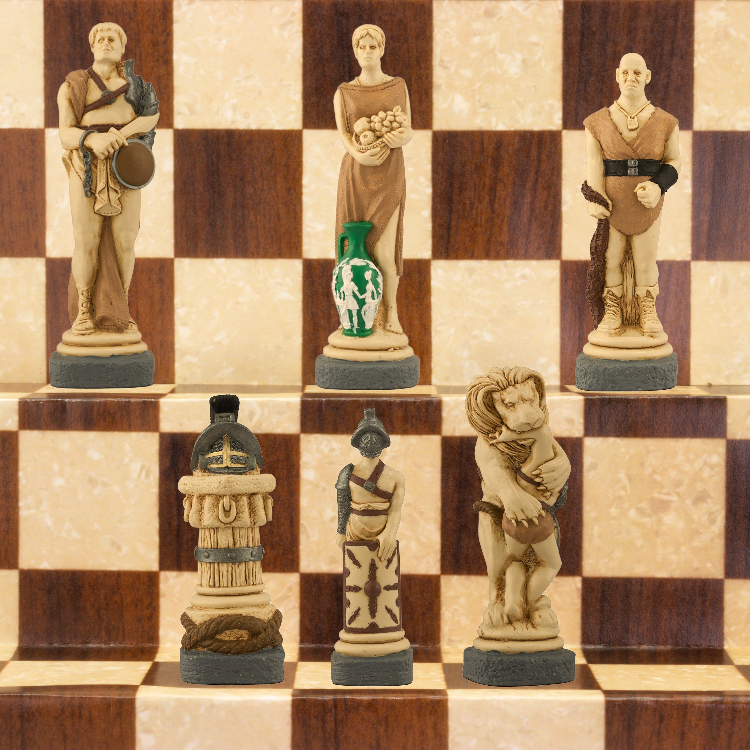 The Gladiator side of a Spartacus themed hand painted chess set, with Pieces depicting Spartacus and various slaves and gladiators.