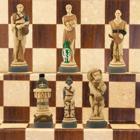 The Gladiator side of a Spartacus themed hand painted chess set, with Pieces depicting Spartacus and various slaves and gladiators.