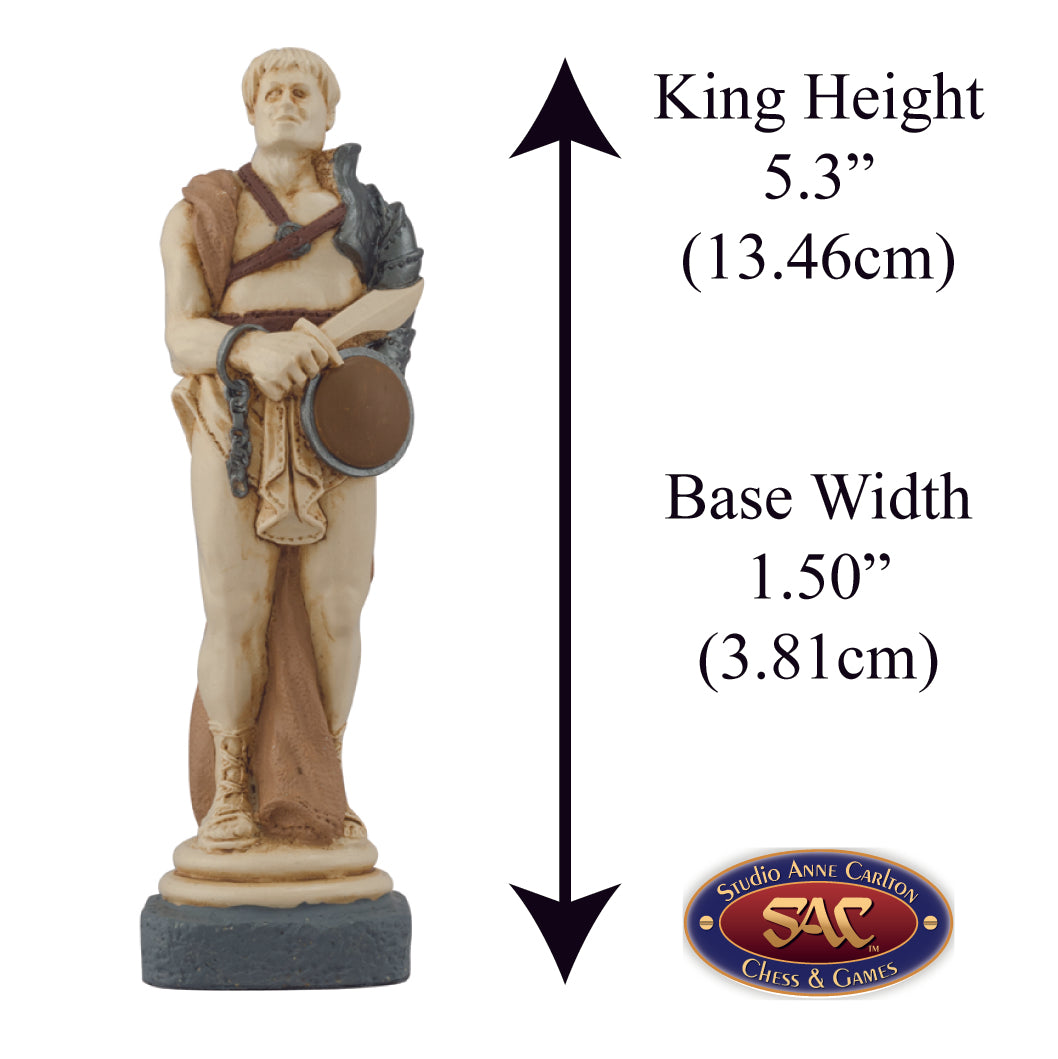 Hand painted themed King chess piece depicting Spartacus, who led a revolt to free the Roman Slaves.
Includes measurement information for the piece, it is 5.3" inches tall and 1.5" inches wide.