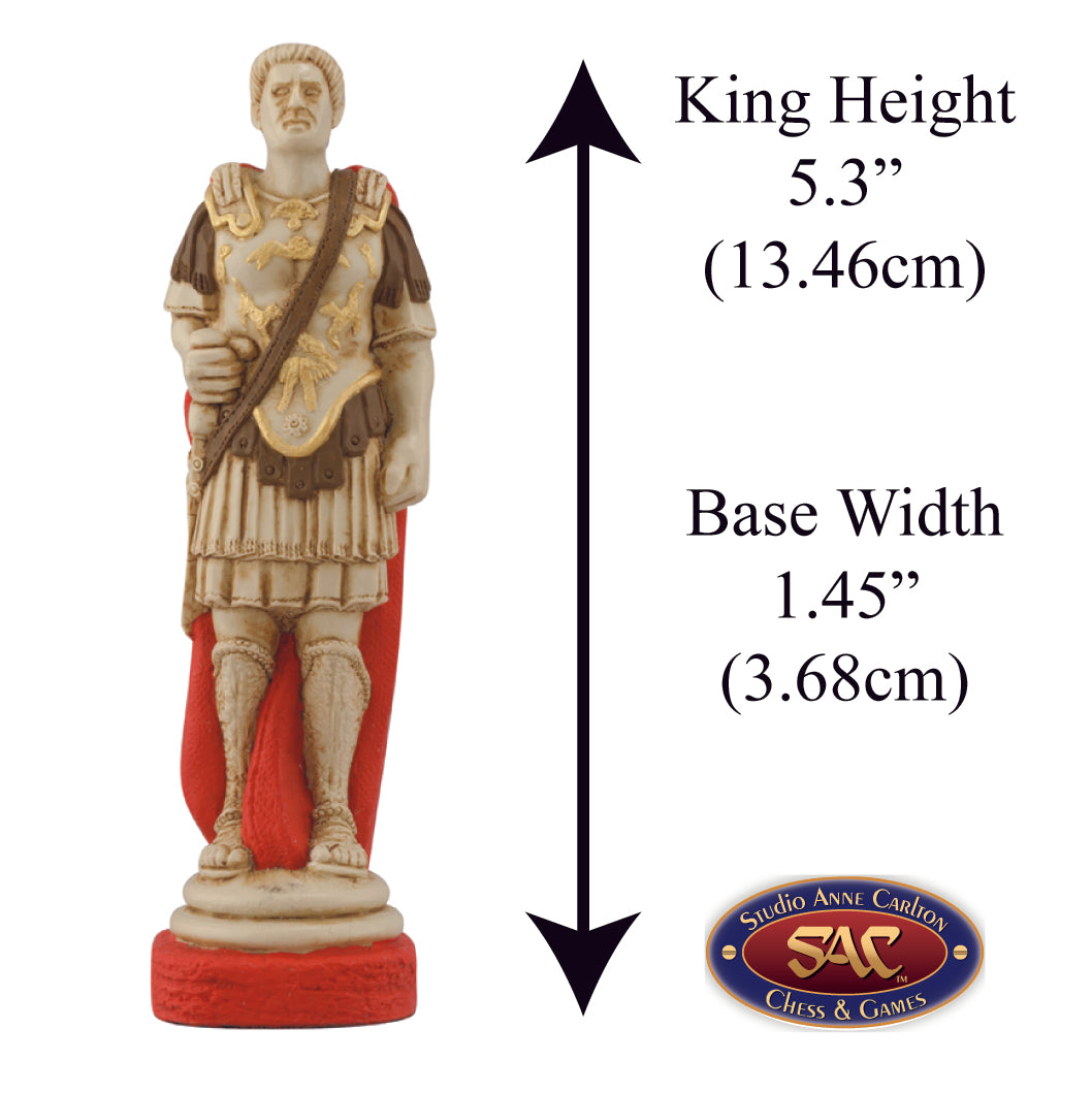 Hand painted themed King chess piece depicting Licinius Crassus, Roman General.
Includes measurement information for the piece, it is 5.3" inches tall and 1.45" inches wide.
