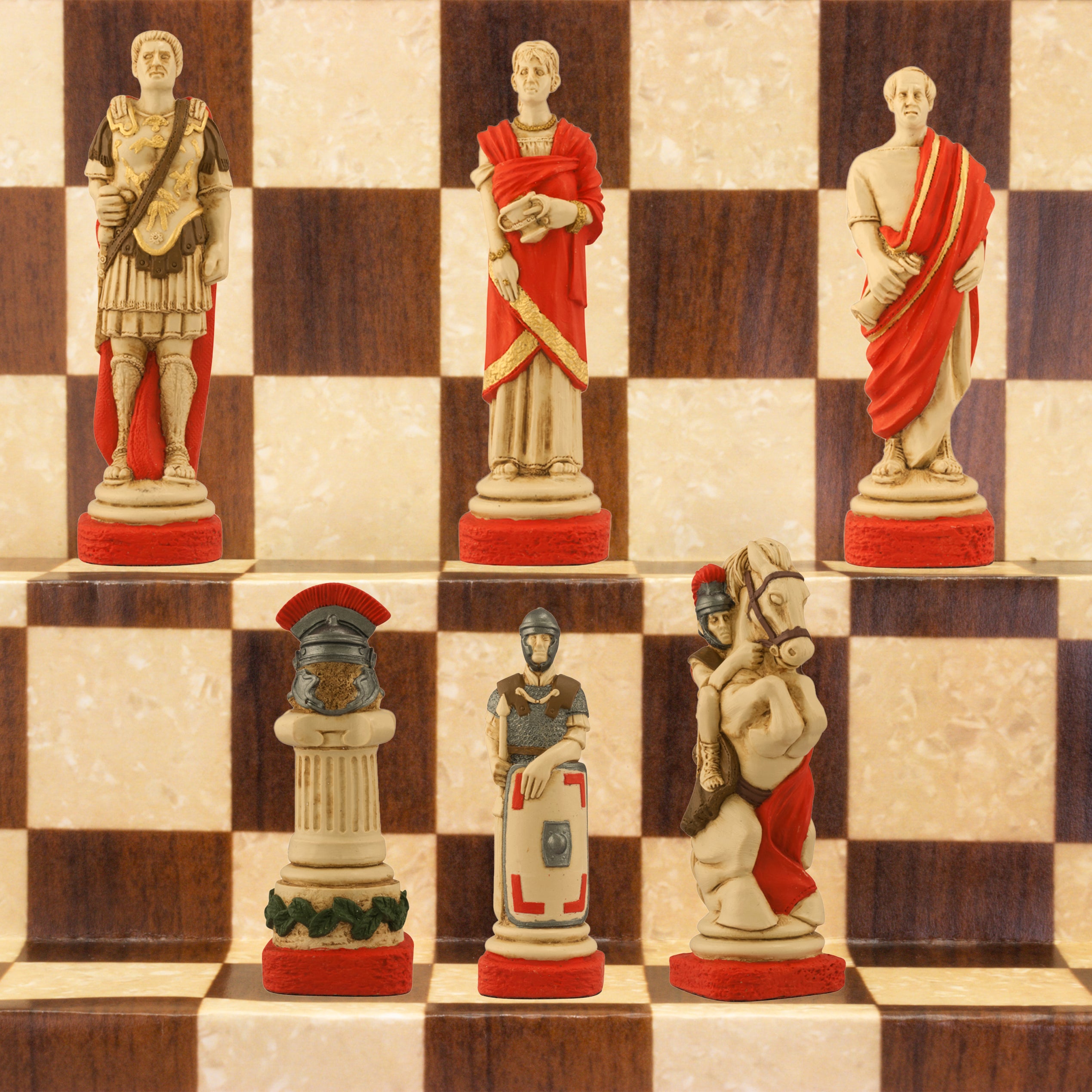 The Roman side of a Hand Painted Spartacus themed chess set, with Pieces depicting Licinius Crassus, A Roman Lady, A Roman Senator and Roman Legionnaires.