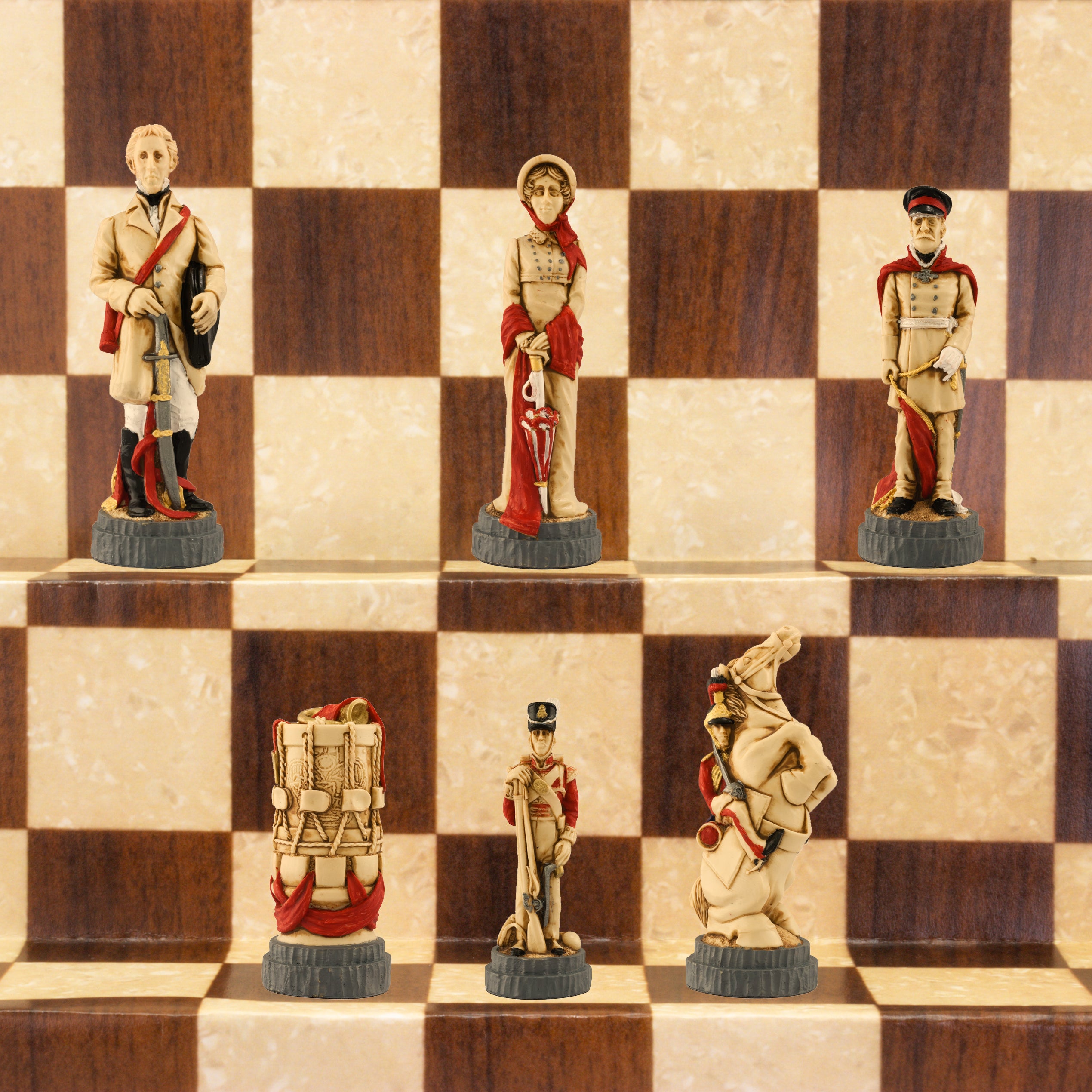 Hand-painted chess pieces depicting characters from the Battle of Waterloo, placed on a chessboard.