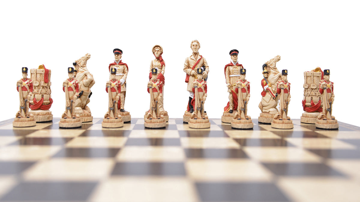 A hand made chess set depicting characters from the Battle of Waterloo, placed on a chess board.