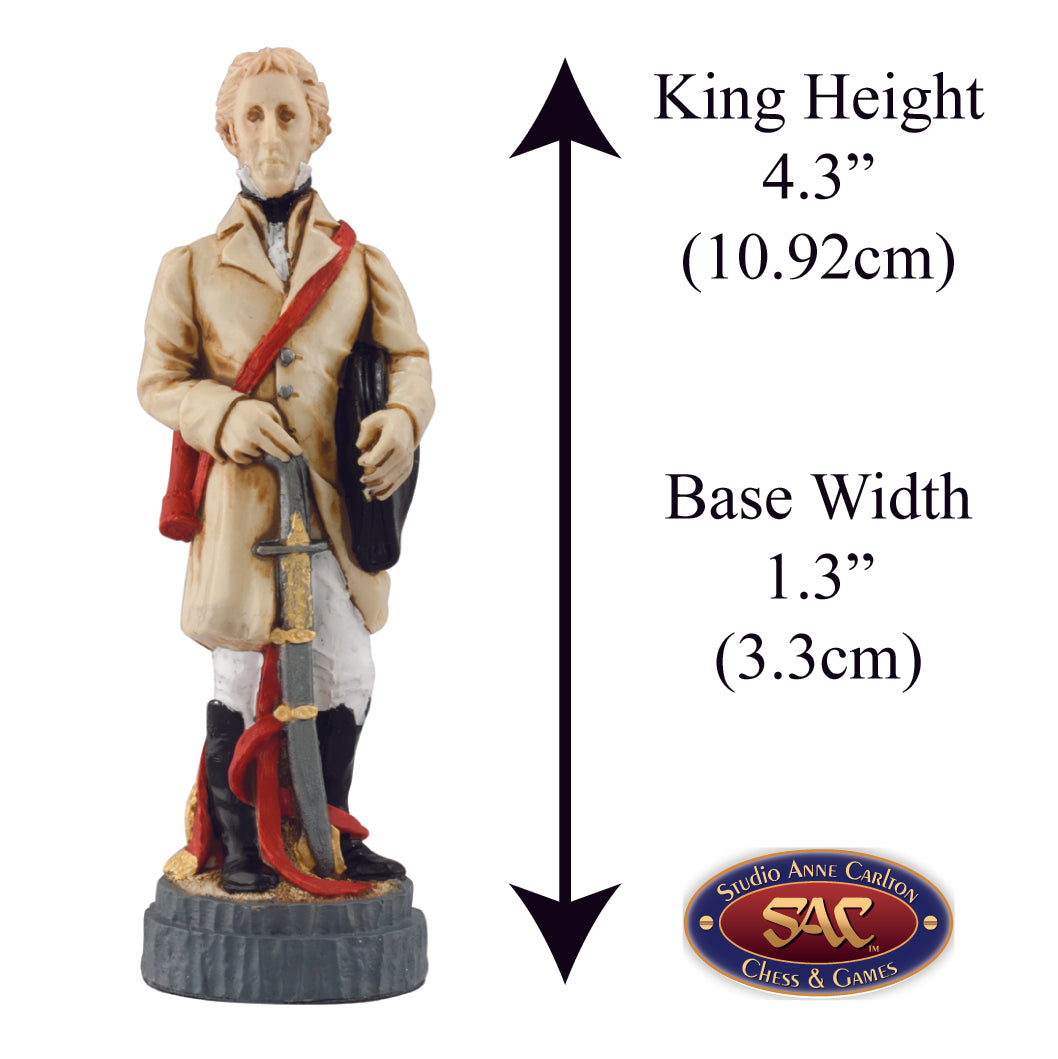A handmade chess piece featuring The First Duke of Wellington from The Battle of Waterloo, Alongside measurement information.