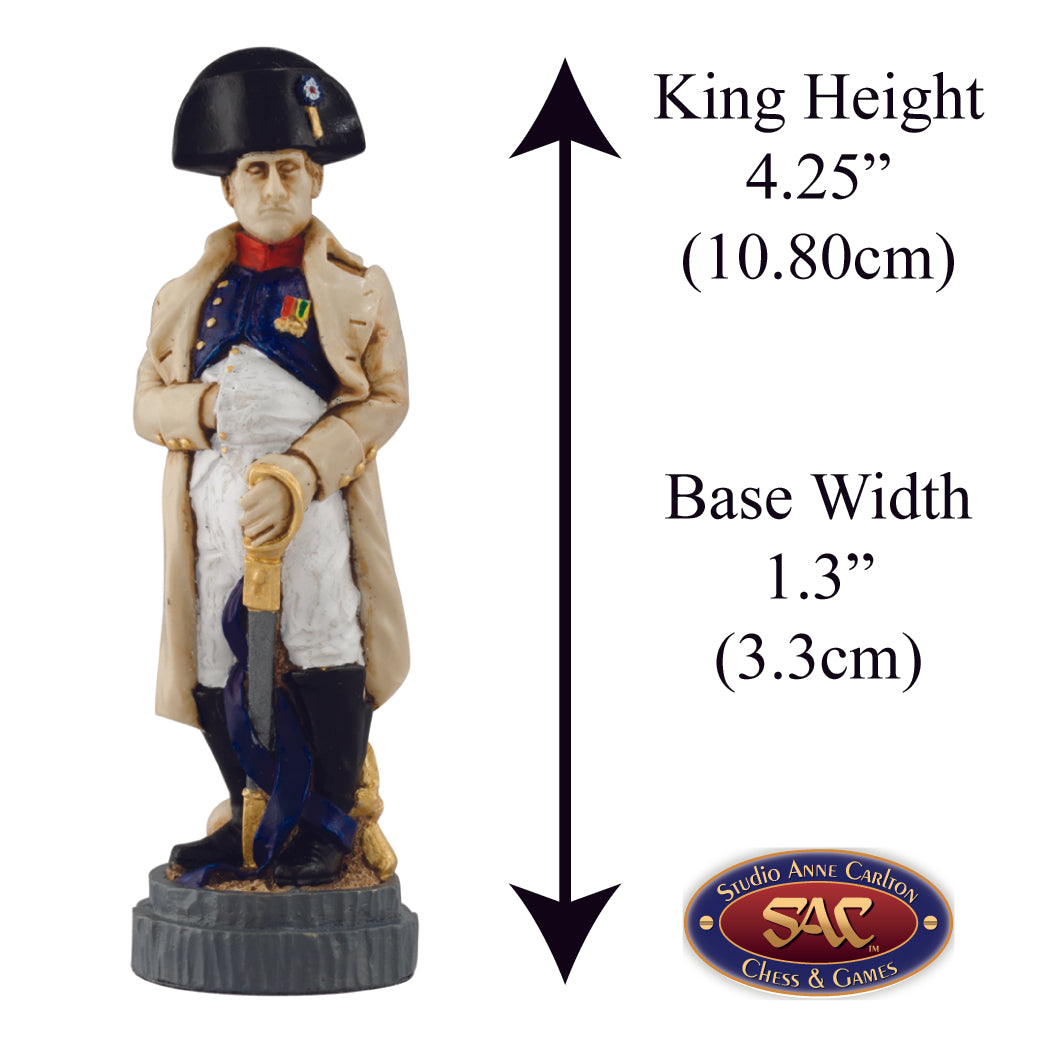 A handmade chess piece featuring Napoleon Bonaparte from The Battle of Waterloo, Alongside measurement information.