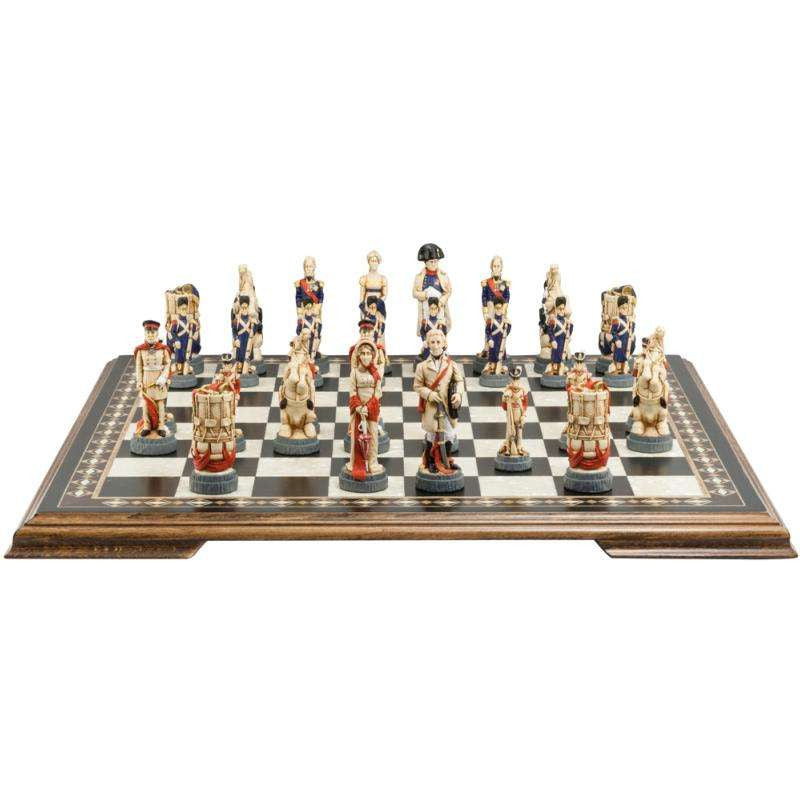 A hand made chess set depicting characters from the Battle of Waterloo, placed on a chess board.