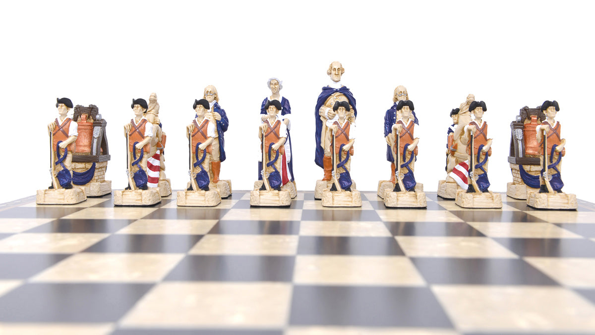 Hand-painted chess pieces depicting figures from the American Revolutionary War, placed on a chessboard.