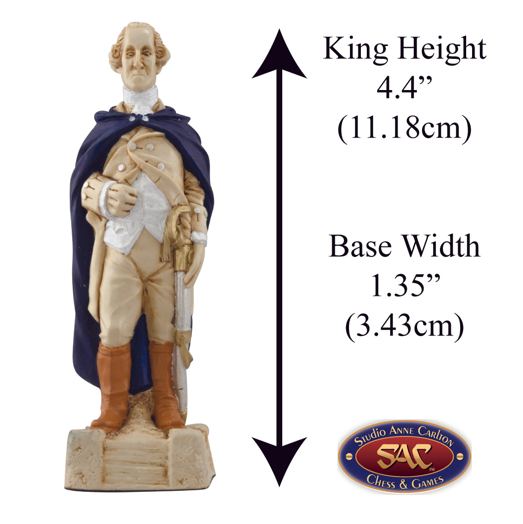 A handmade chess piece featuring George Washington from The American Revolution, Alongside measurement information.