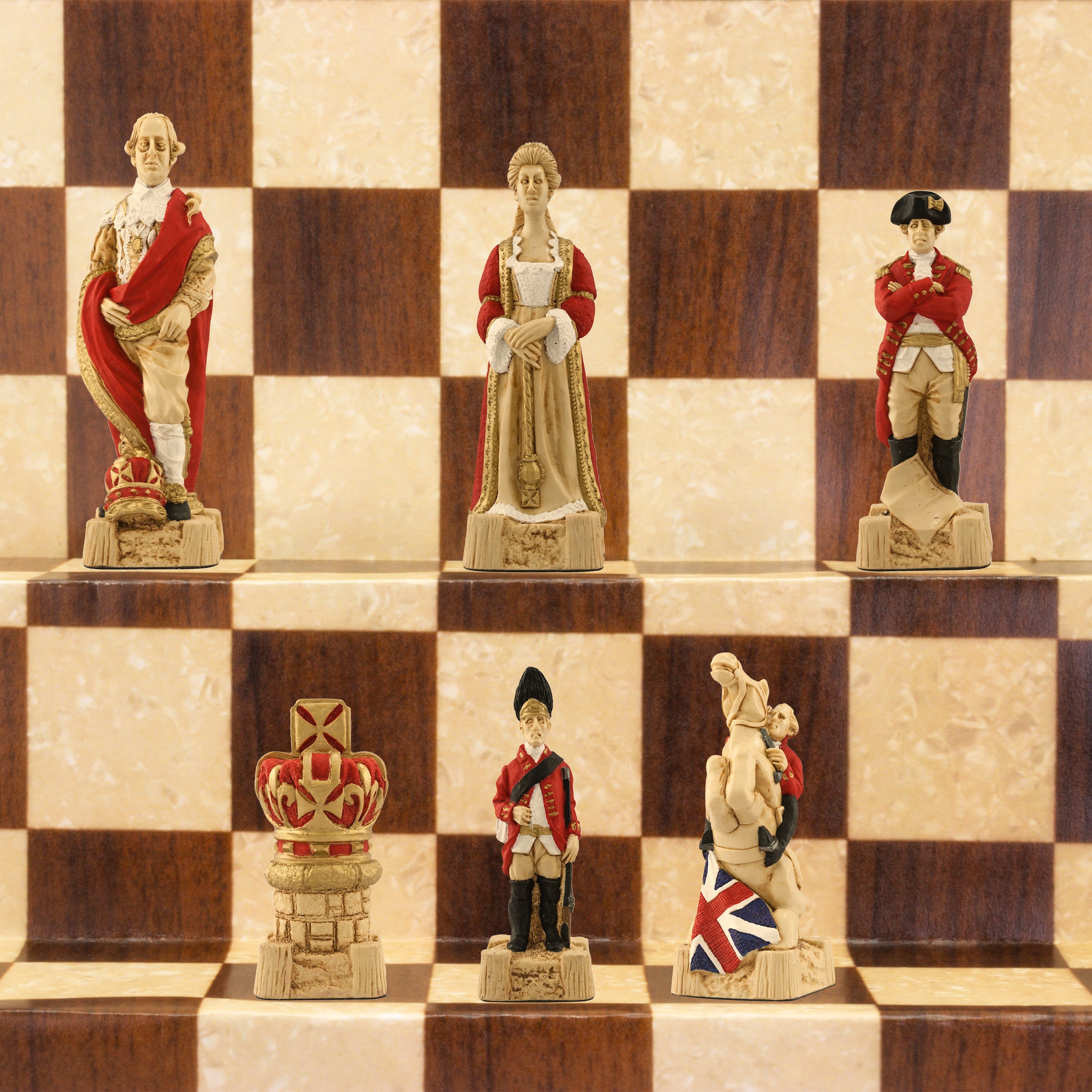 Hand-painted chess pieces depicting figures from the American Revolutionary War, placed on a chessboard.
