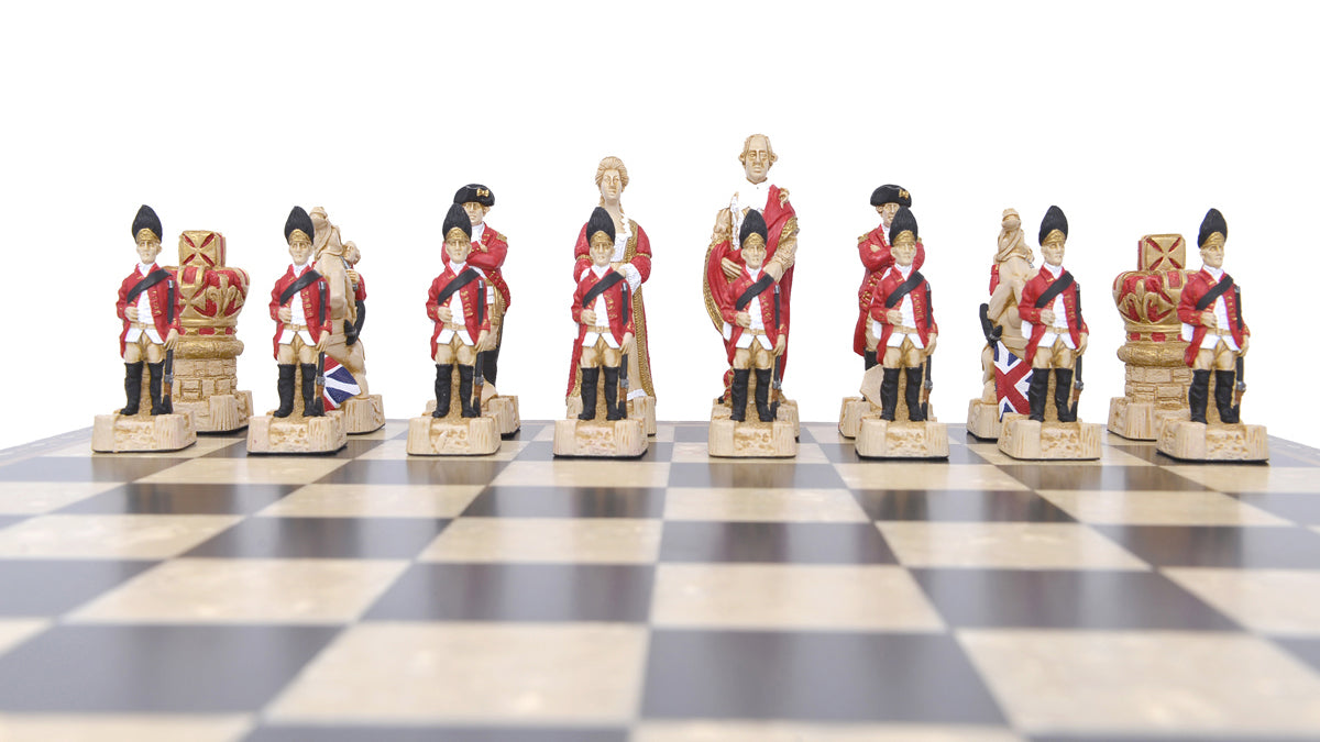 Hand-painted chess pieces depicting figures from the American Revolutionary War, placed on a chessboard.