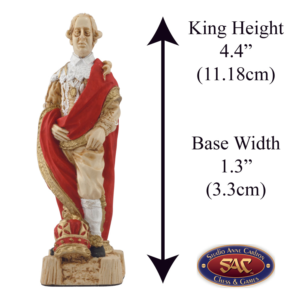 A handmade chess piece featuring George III from The American Revolution, Alongside measurement information.