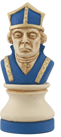 Cream coloured, blue accented themed hand made and painted Bishop chess piece designed with a blend of the classic styles of Staunton and the Old French Dieppe, depicting Hubert Walter, The Bishop of Salisbury who accompanied Richard the Lionheart on his Crusades.