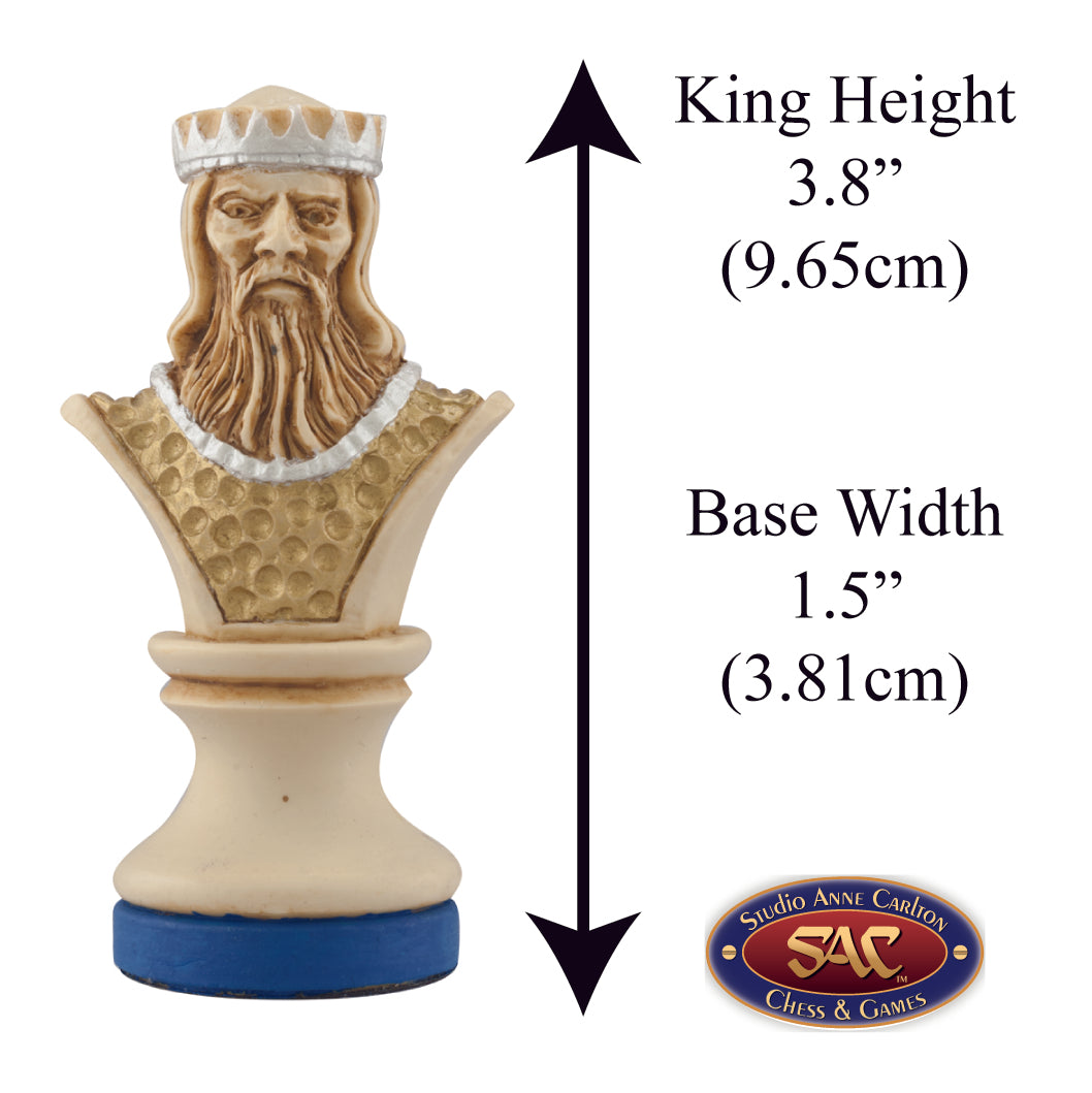Cream coloured, blue accented hand made and painted themed King chess piece designed with a blend of the classic styles of Staunton and the Old French Dieppe, Depicting Richard The 1st (Richard the Lionheart).
Includes measurement information for the piece, it is 3.8" inches tall and 1.5" inches wide.

