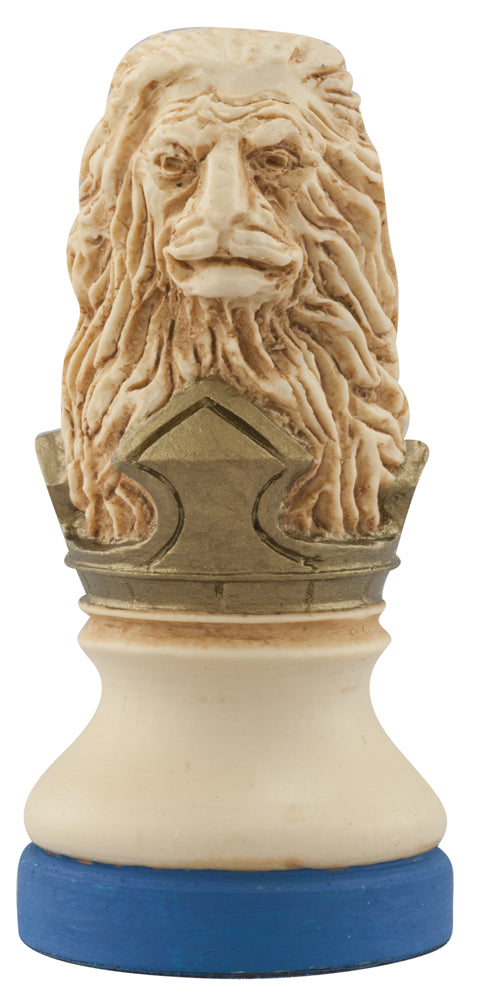 Cream coloured, blue accented themed hand made and painted Knight chess piece designed with a blend of the classic styles of Staunton and the Old French Dieppe, depicting a Lion, a symbol of strength and bravery which was adopted by Richard the Lionheart as part of his coat of arms.
