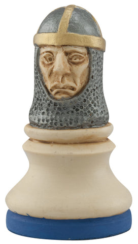 Cream coloured, blue accented themed hand made and painted Pawn chess piece designed with a blend of the classic styles of Staunton and the Old French Dieppe, depicting William Marshall, a famous fighter and knight who was thought to have tutored Richard the Lionheart in the art of combat and chivalry.