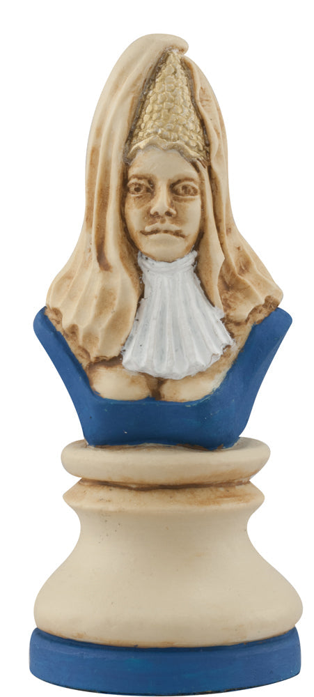 Cream coloured, blue accented themed hand made and painted Queen chess piece designed with a blend of the classic styles of Staunton and the Old French Dieppe, depicting Elanor of Aquitaine, Richard the Lionheart's mother.
