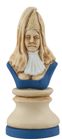 Cream coloured, blue accented themed hand made and painted Queen chess piece designed with a blend of the classic styles of Staunton and the Old French Dieppe, depicting Elanor of Aquitaine, Richard the Lionheart's mother.
