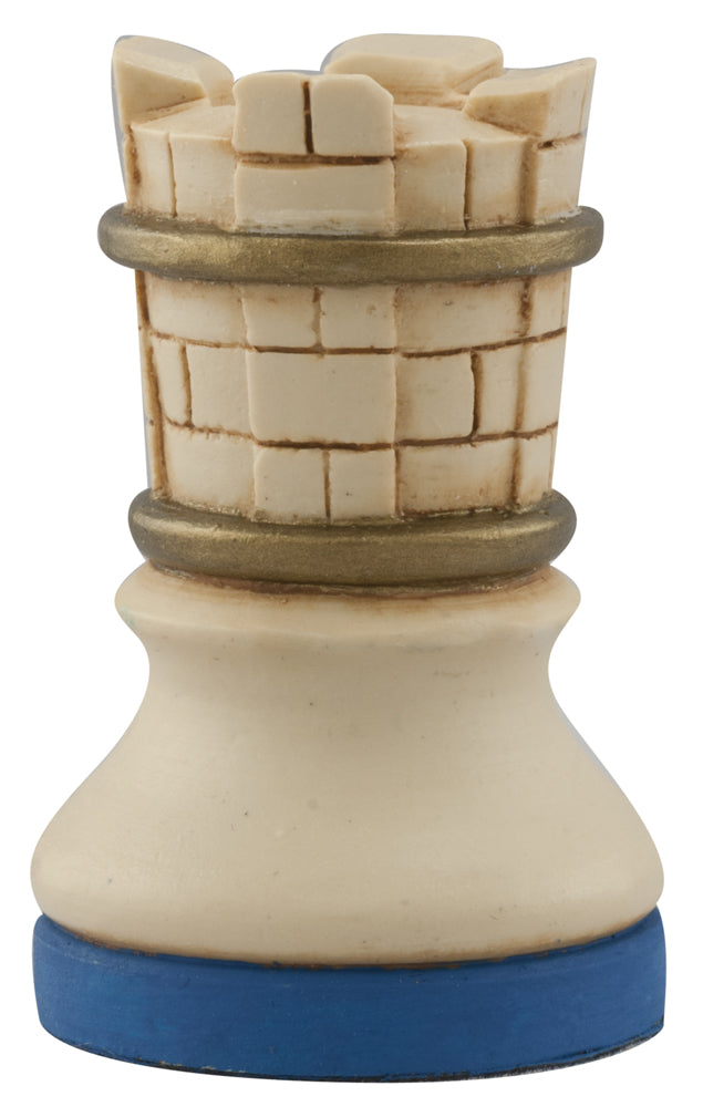 Cream coloured, blue accented themed hand made and painted coloured themed hand made Bishop chess piece designed with a blend of the classic styles of Staunton and the Old French Dieppe, depicting a tower of a castle of the medieval period.