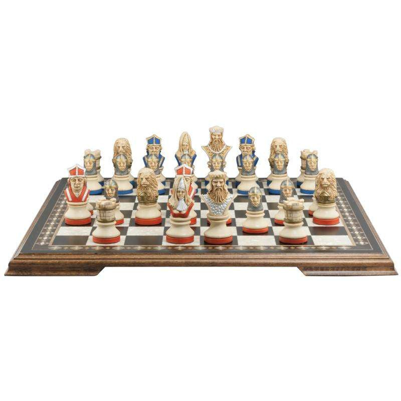 Hand painted themed chess set, with one side of the set with blue accents, and the other with red accents, designed with a blend of the classic styles of Staunton and the Old French Dieppe, featuring characters such as Richard I as the King, Elanor of Aquitaine as the Queen, Hubert Walder as the Bishop, A Lion as the Knight, and William Marshall as the Pawn.

Placed upon a wooden black and white chessboard.