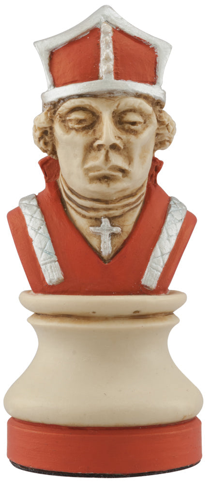 Cream coloured, red accented themed hand made and painted Bishop chess piece designed with a blend of the classic styles of Staunton and the Old French Dieppe, depicting Hubert Walter, The Bishop of Salisbury who accompanied Richard the Lionheart on his Crusades.
