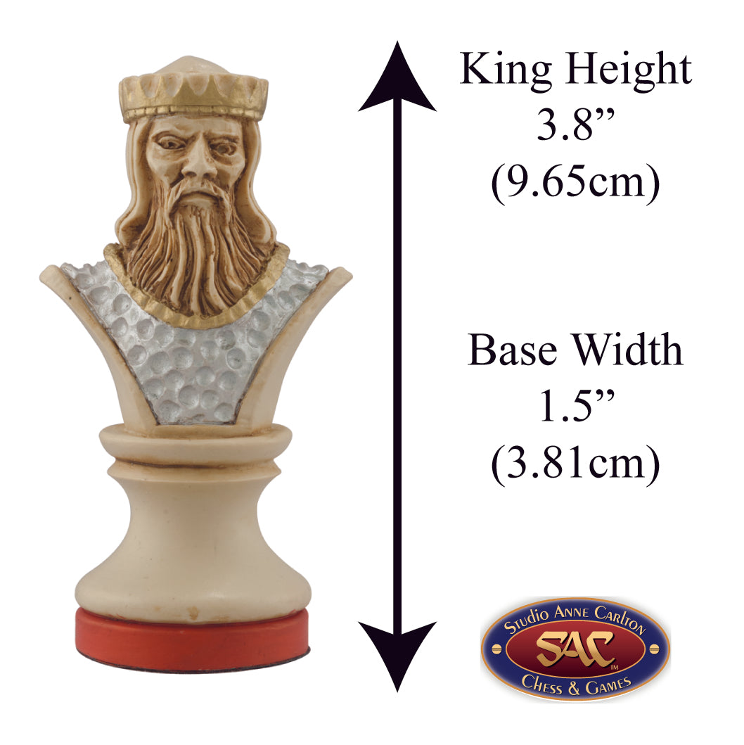 Cream coloured, red accented hand made and painted themed King chess piece designed with a blend of the classic styles of Staunton and the Old French Dieppe, Depicting Richard The 1st (Richard the Lionheart).
Includes measurement information for the piece, it is 3.8" inches tall and 1.5" inches wide.

