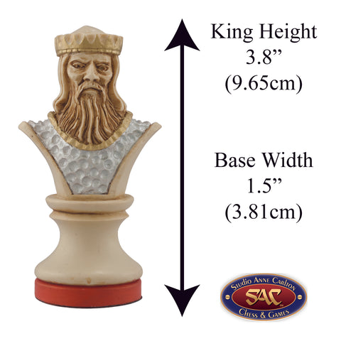 Cream coloured, red accented hand made and painted themed King chess piece designed with a blend of the classic styles of Staunton and the Old French Dieppe, Depicting Richard The 1st (Richard the Lionheart).
Includes measurement information for the piece, it is 3.8" inches tall and 1.5" inches wide.

