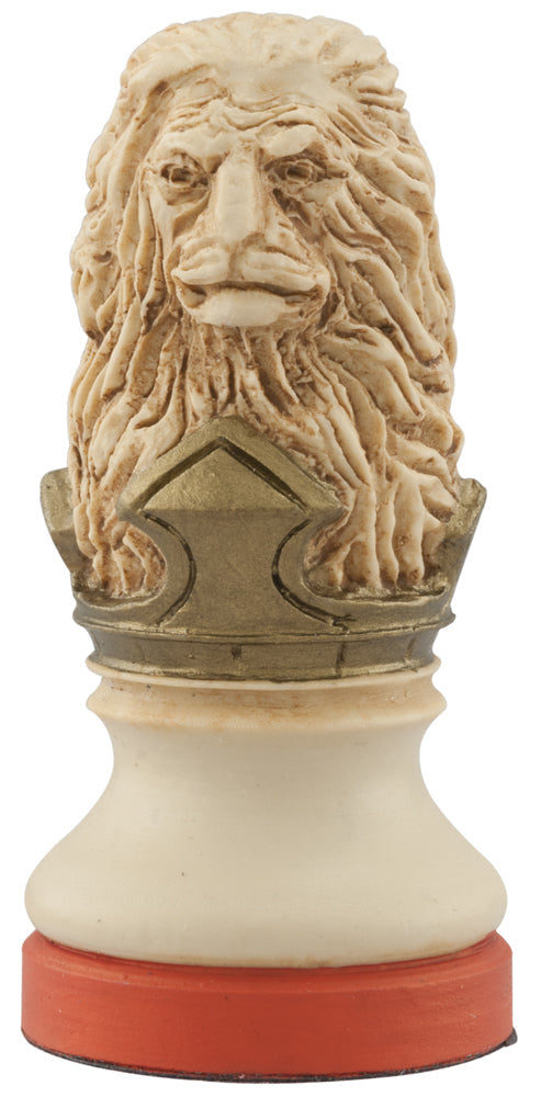 Cream coloured, blue accented themed hand made and painted Knight chess piece designed with a blend of the classic styles of Staunton and the Old French Dieppe, depicting a Lion, a symbol of strength and bravery which was adopted by Richard the Lionheart as part of his coat of arms.
