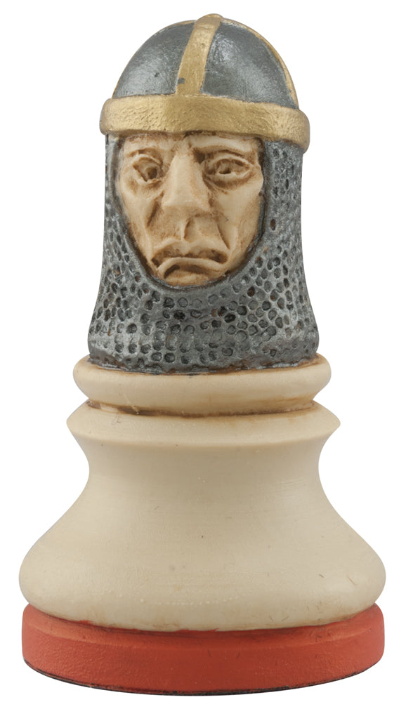 Cream coloured, red accented themed hand made and painted Pawn chess piece designed with a blend of the classic styles of Staunton and the Old French Dieppe, depicting William Marshall, a famous fighter and knight who was thought to have tutored Richard the Lionheart in the art of combat and chivalry.