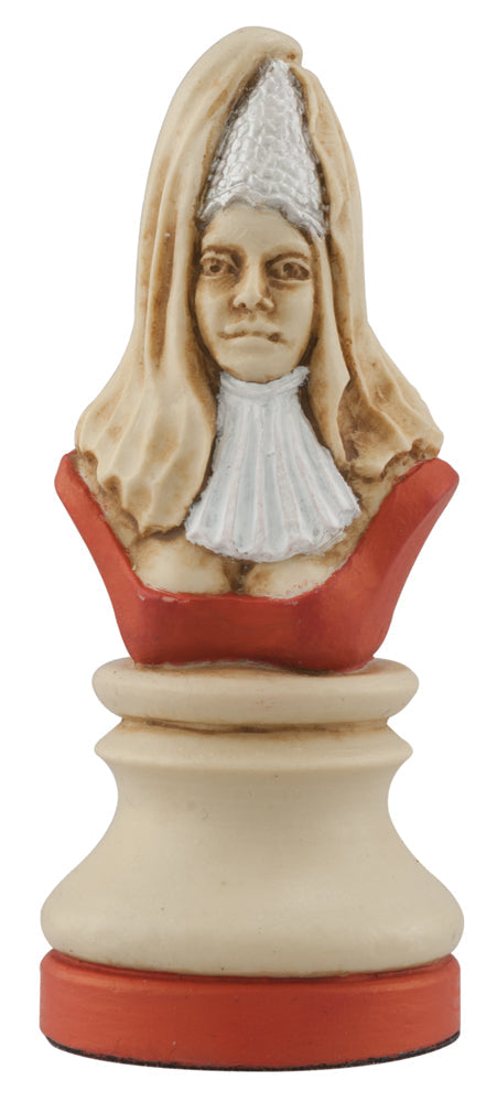 Cream coloured, red accented themed hand made and painted Queen chess piece designed with a blend of the classic styles of Staunton and the Old French Dieppe, depicting Elanor of Aquitaine, Richard the Lionheart's mother.
