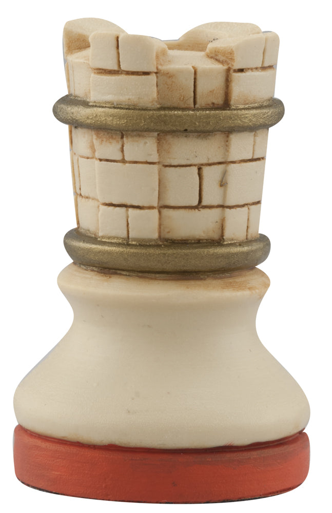 Cream coloured, red accented themed hand made and painted coloured themed hand made Bishop chess piece designed with a blend of the classic styles of Staunton and the Old French Dieppe, depicting a tower of a castle of the medieval period.