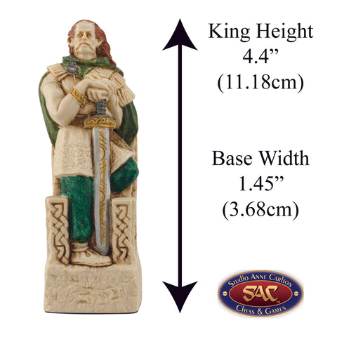 A handmade chess piece featuring King Brian Boru from The Battle of Clontarf, Alongside measurement information.