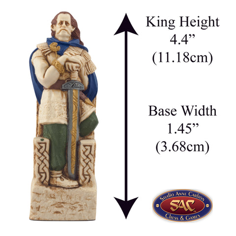 A handmade chess piece featuring King Brian Boru from The Battle of Clontarf, Alongside measurement information.