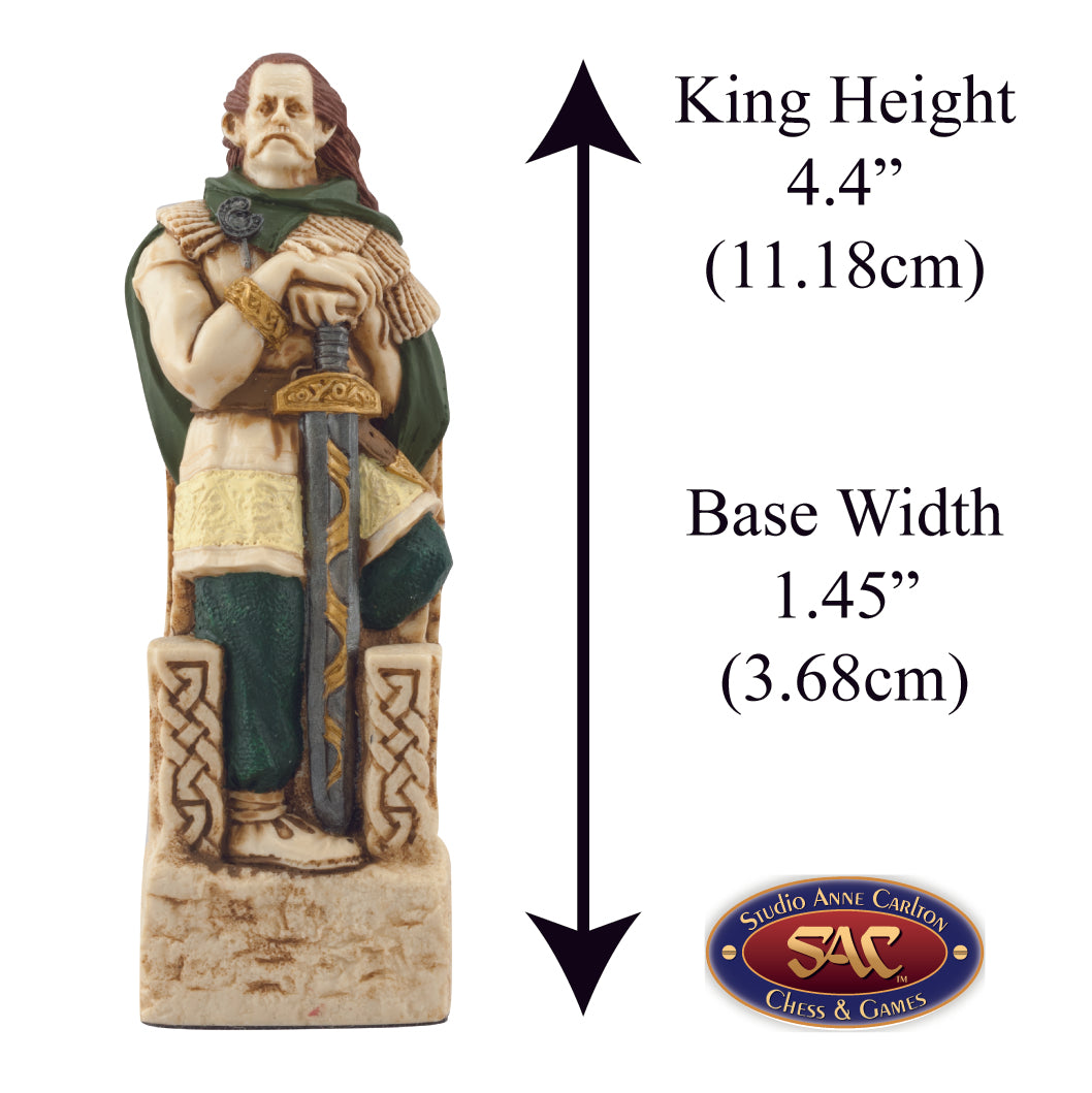 A handmade chess piece featuring King Brian Boru from The Battle of Clontarf, Alongside measurement information.
