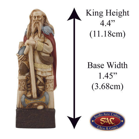 A handmade chess piece featuring a Sihtric Silkbeard from The Battle of Clontarf, Alongside measurement information.