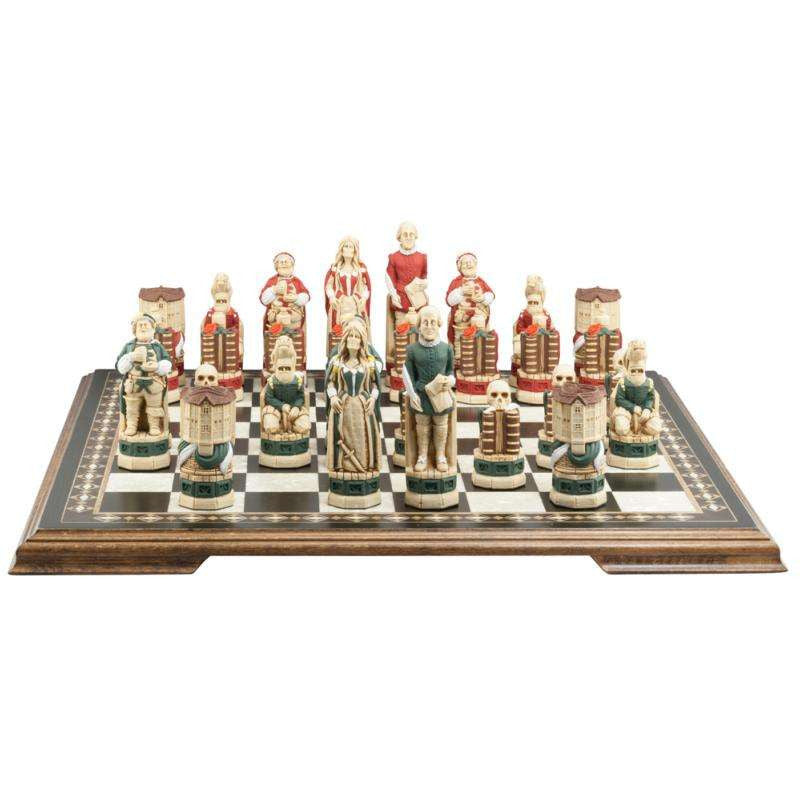 A handmade and hand painted chess set depicting Shakespeare, Lady Macbeth, Sir John Fallstaff, Nick bottom & The Globe theatre displayed on a wooden chess board.