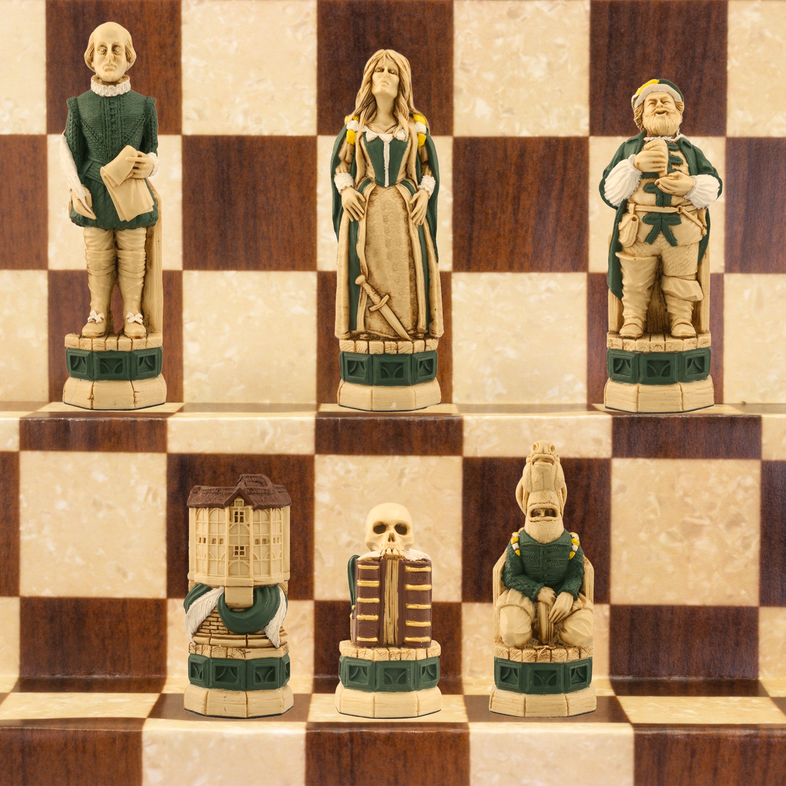 The green coloured side of a handmade and hand painted chess set depicting Shakespeare, Lady Macbeth, Sir John Fallstaff, Nick bottom & The Globe theatre displayed on a wooden chess board.