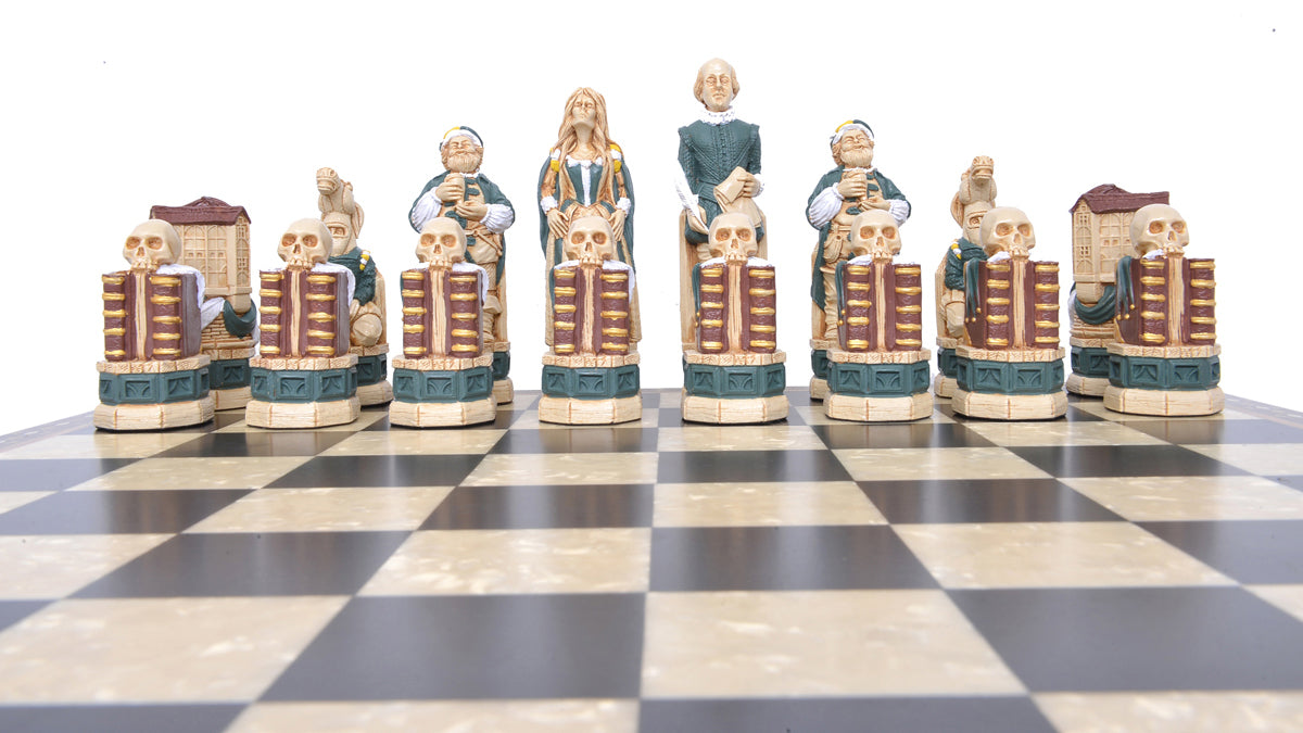 A lifestyle shot of the green coloured side of a handmade and hand painted chess set depicting Shakespeare, Lady Macbeth, Sir John Fallstaff, Nick bottom & The Globe theatre displayed on a wooden chess board.