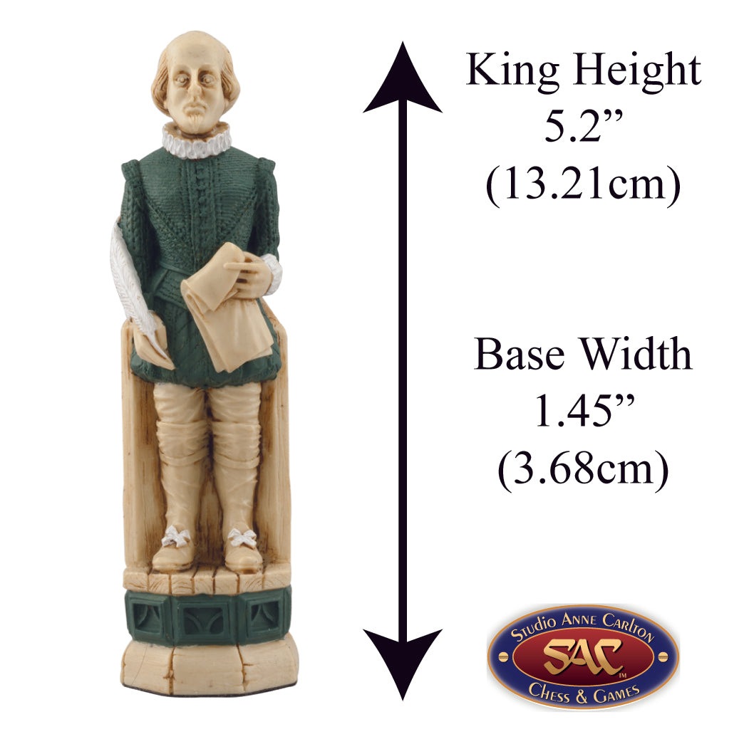 Hand painted themed King chess piece depicting the famed William Shakespeare.
Includes measurement information for the piece, it is 5.2" inches tall and 1.45" inches wide.