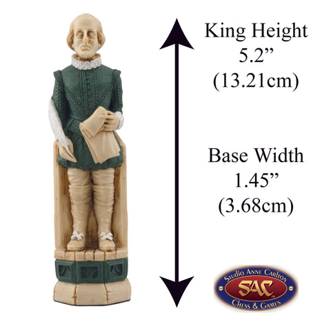 Hand painted themed King chess piece depicting the famed William Shakespeare.
Includes measurement information for the piece, it is 5.2" inches tall and 1.45" inches wide.
