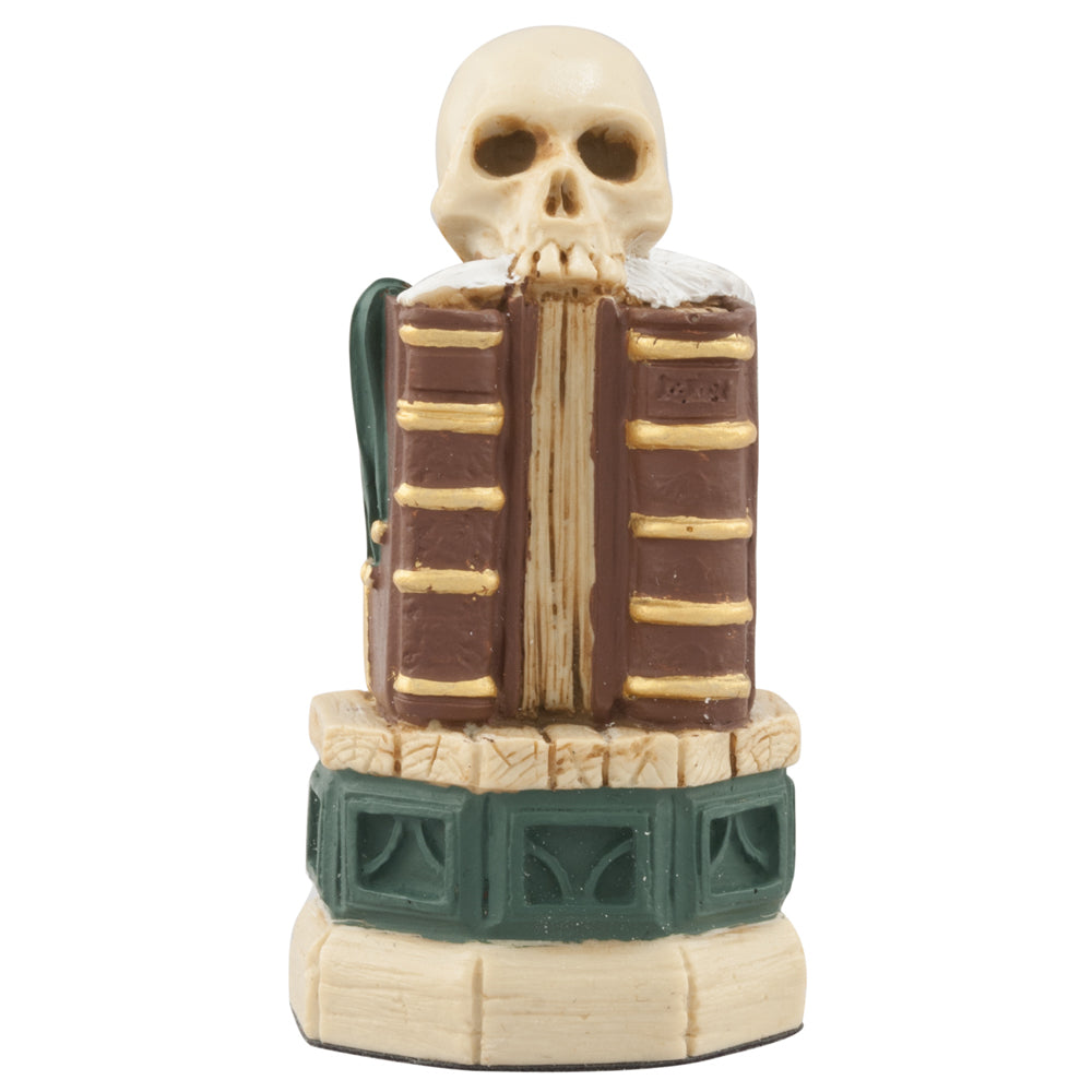 Hand painted themed Pawn chess piece depicting Yorick's Skull upon 3 books, to represent Shakespeare's dark tragedies.