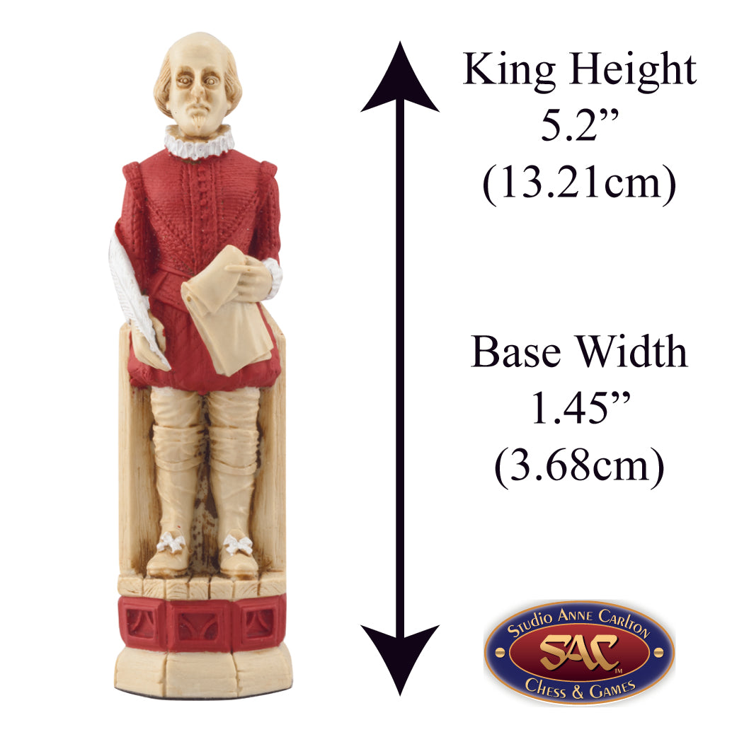 Hand painted themed King chess piece depicting the famed William Shakespeare.
Includes measurement information for the piece, it is 5.2" inches tall and 1.45" inches wide.