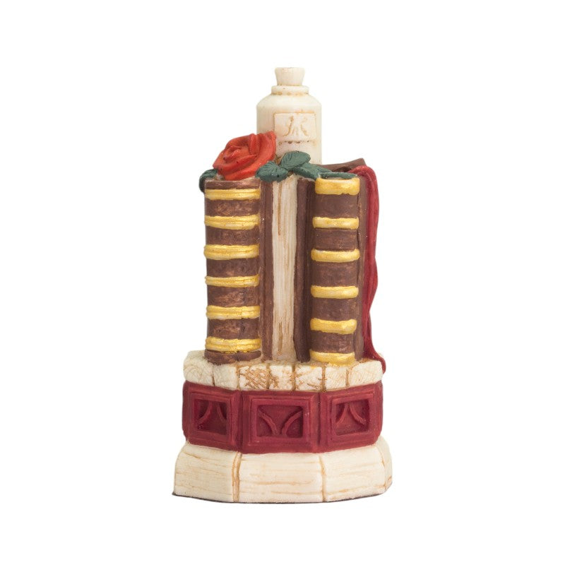Hand painted themed Pawn chess piece depicting Flowers and Parchment, representing Shakespeares romances and comedies.