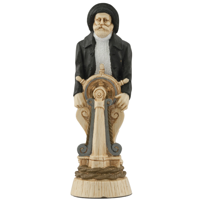 A hand painted cream and black base, gold accented Bishop chess piece depicting a Salty-Sea Dog, inspired by mans constant quest to conquer the seas.
