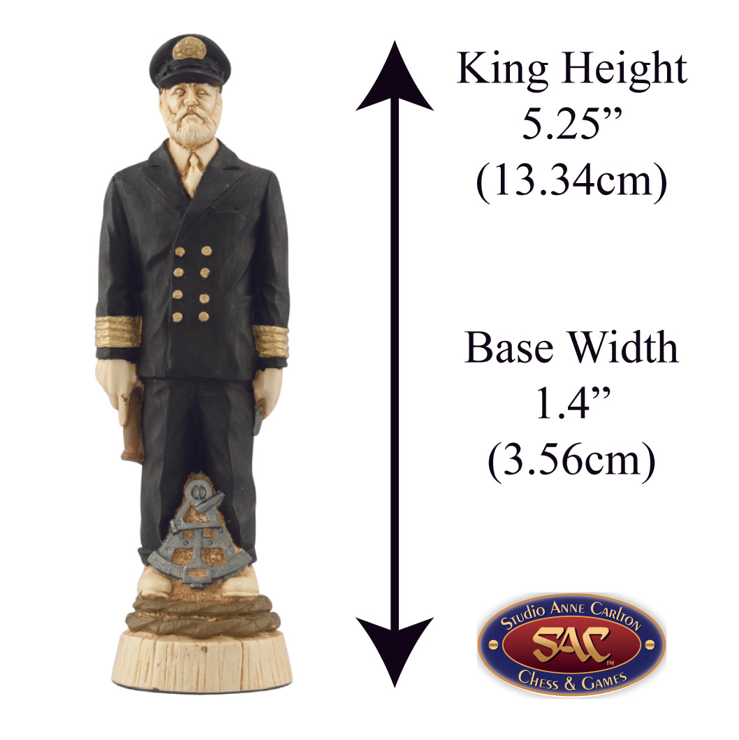 A hand painted cream and black base, gold accented King chess piece depicting a Captain of a ship, inspired by mans constant quest to conquer the seas.
Alongside measurement information